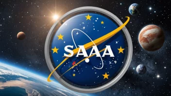 Logoen til European Space Agency, med en blå og hvit fargeprofil, omgitt av stjerner og planeter i bakgrunnen.