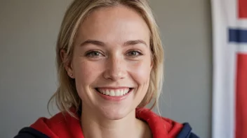 En kvinne med et vennlig smil og et norsk flagg i bakgrunnen