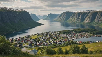 Et pittoreskt norsk landskap med en liten bosetning i det fjerne.