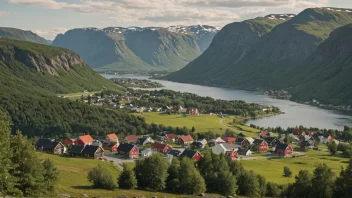 Et pittoreskt norsk landskap med en liten bosetning i det fjerne.