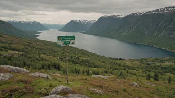 Et fredelig norsk landskap med en skilt eller et kart som viser navnet Styrkesnes