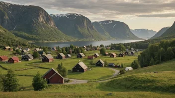 Et idyllisk norsk landskap med en liten landsby i bakgrunnen.