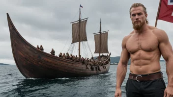 En norsk mann med et sterkt og modig uttrykk, stående foran et vikingskip.