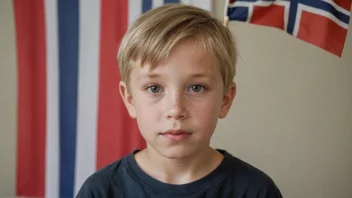 En ung gutt med et norsk flagg i bakgrunnen, som representerer det norske navnet Jeppe