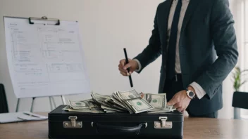 En person som holder en koffert med penger og en prosjektplan i bakgrunnen.