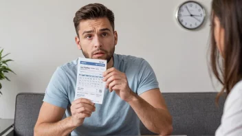 En person som ser bekymret og stresset ut mens de holder en lønnsslip, med en kalender eller klokke i bakgrunnen.