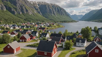 En pittoresk norsk by eller landsby med et skilt eller et kart som viser navnet Laupstad