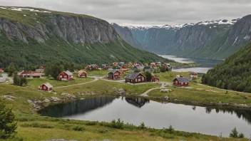 Et idyllisk norsk landskap med noen hus og en skilt med navnet 'Talleraas' på det.