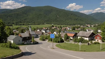 En malerisk scene av en liten by eller landsby med et skilt eller et kart som viser navnet 'Vanvikans'.