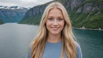 En vakker norsk kvinne med langt blondt hår og blå øyne, som smiler og står foran en fjord.