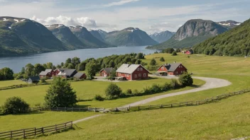 Et idyllisk norsk landskap med en liten bosetning og navnet 'Frigaard' fremtredende.