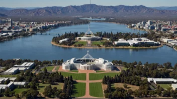 Flyfoto av Canberra by med Parlamentshuset og Lake Burley Griffin