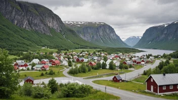 Et malerisk landskap av en liten landsby eller by i Norge med et skilt som leser 'Nansets'.