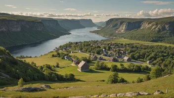 Et idyllisk norsk landskap med en liten bosetning i bakgrunnen