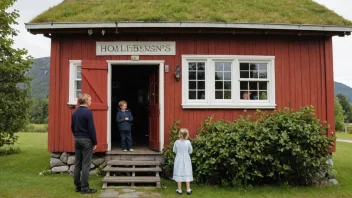En familie som står utenfor et tradisjonelt norsk hus med navnet 'Holmsens' på døren