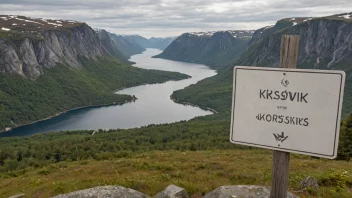 Et idyllisk norsk landskap med en skilt eller et kart som viser navnet Kjørsviks