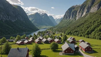 Et pittoreskt norsk landskap med en dal eller landsby omgitt av fjell.