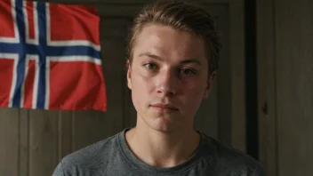 En person med et norsk flagg i bakgrunnen, med navnet 'Hjalmars' skrevet i tykke bokstaver.