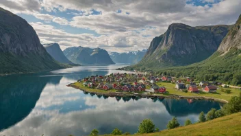 Et pittoreskt norsk landskap med en liten bosetning i det fjerne.