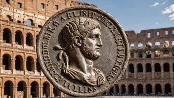 En gammel romersk mynt med navnet Julius innskrevet på den, mot en bakgrunn av det romerske Colosseum.