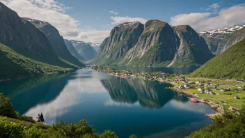 Et vakkert bilde av Tømmerneset, en liten landsby i Norge, omgitt av fjell og vann.