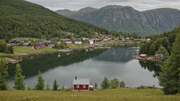 Et pittoreskt norsk landsby eller by med en skilt eller bygning som viser navnet Storebøs.