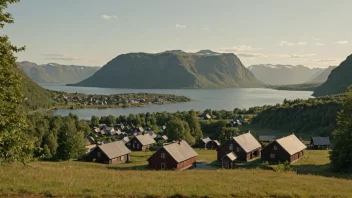 Et idyllisk og malerisk norsk landskap med en liten bosetning i det fjerne.