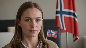 En kvinne med et norsk flagg i bakgrunnen, med en navnelapp som sier Svanhild