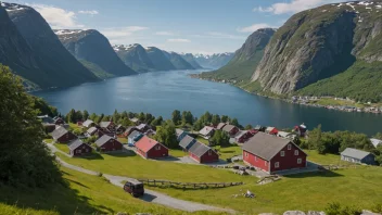 Et pittoreskt landsby i Norge med tradisjonelle hus og en storslagen natur.