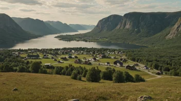 Et idyllisk norsk landskap med en liten bosetning i det fjerne.