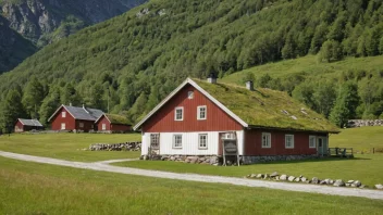 En tradisjonell norsk gård med et skilt som leser 'Bentzens'.