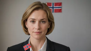 En kvinne med en navnelapp som sier Judith, med et norsk flagg i bakgrunnen.