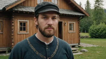 En mann med skandinavisk utseende som står foran et tradisjonelt norsk hus.