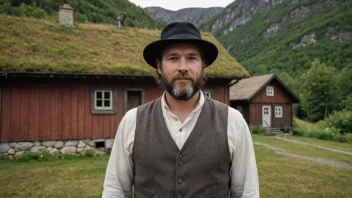 En mann med skandinavisk utseende som står foran et tradisjonelt norsk hus.