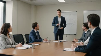 En gruppe mennesker i et møterom, med en whiteboard og en leder som står fremst.