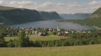 Et idyllisk norsk landskap med en liten landsby og et skilt med navnet 'Haslund'.