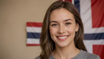 En kvinne med et vennlig smil og et norsk flagg i bakgrunnen