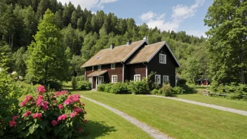 Et idyllisk norsk gårdshus med en frodig hage
