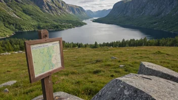Et idyllisk norsk landskap med et skilt eller et kart som viser beliggenheten til Tinnheias.