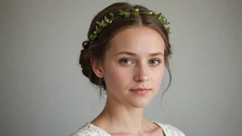 En illustrasjon av en kvinne med et mildt, vennlig ansikt, omgitt av elementer som representerer navnets mening, som en due eller en olivengren.