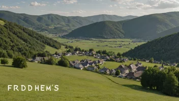 Et idyllisk landskap med en liten landsby eller by i bakgrunnen, omgitt av rullende åser og fjell, med noen bygninger og hus i forgrunnen, og et skilt eller et kart med navnet 'Fridheims' skrevet på det.