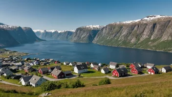 Et pittoreskt landsby i Norge med tradisjonelle hus og en storslagen natur.