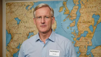 Et bilde av en person med navnet 'Bildt' på en navnelapp, som står foran et kart over Norge og Sverige