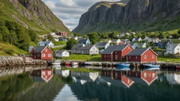 Et fredelig og idyllisk bilde av Helgøysund, som viser dens naturskjønnhet og tradisjonelle norske arkitektur.