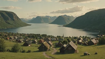 Et fredelig og malerisk norsk landskap med en liten bosetning i bakgrunnen.