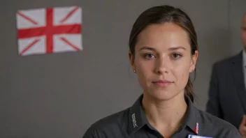 En person med et norsk flagg i bakgrunnen, med en navnelapp som sier Monrad