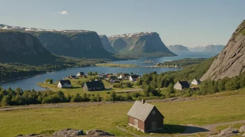 Et idyllisk og malerisk norsk landskap med en liten landsby eller by i det fjerne, omgitt av rullende åser og fjell.