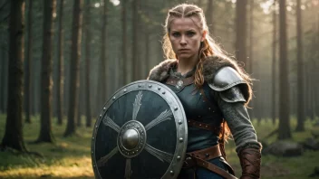 En kvinnelig vikingkriger med skjold og sverd, som symboliserer beskyttelse og styrke.