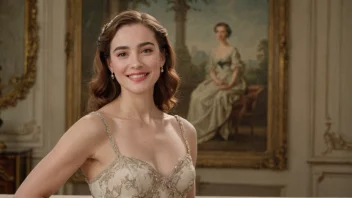 Et portrett av en kvinne med et vennlig ansikt og en stilfull drakt, mot en bakgrunn med franske elementer.