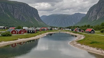 Et pittoreskt kyststed med tradisjonelle norske hus og en liten havn